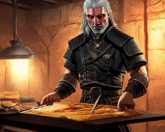 Image similar to 5 5 mm portrait photo of geralt of rivia serving doner kebab, in kaer morhen. dark atmosphere. art by greg rutkowski. highly detailed 8 k. intricate. lifelike. soft light. nikon d 8 5 0.