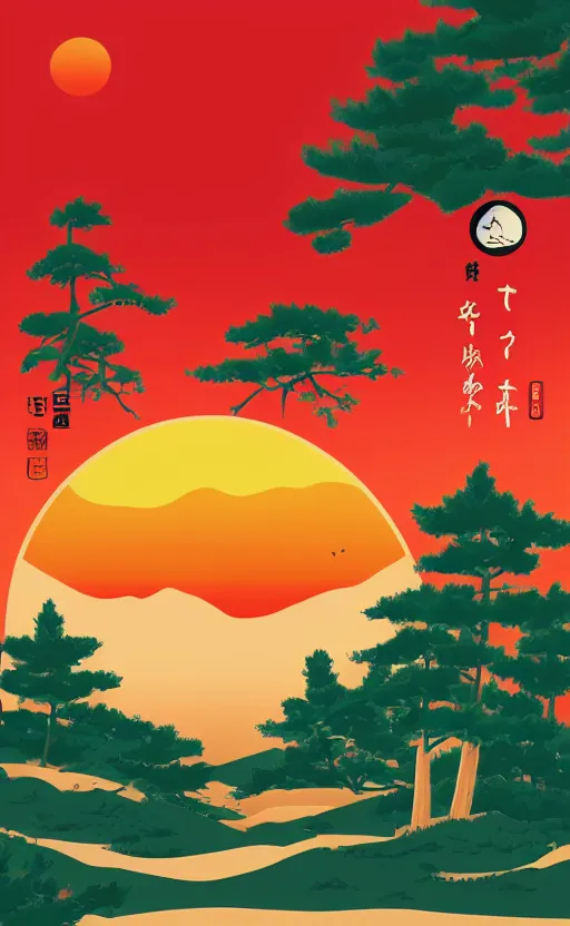 Image similar to hanafuda, a big red charm is floating above a forest of japanese pines, a big red sun in the background, original style, front game card, vector line art, trending on behance, concept art, stunning, matte