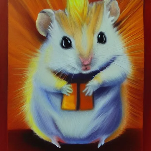 Image similar to hamster going super saiyan, oil painting