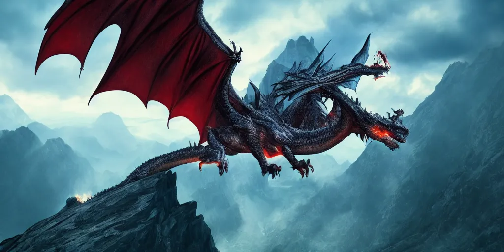 Image similar to A single dragon with half open wings breathing fire standing on the top of a mountain, epic composition, detailed and intricate image, cinematic, 4K