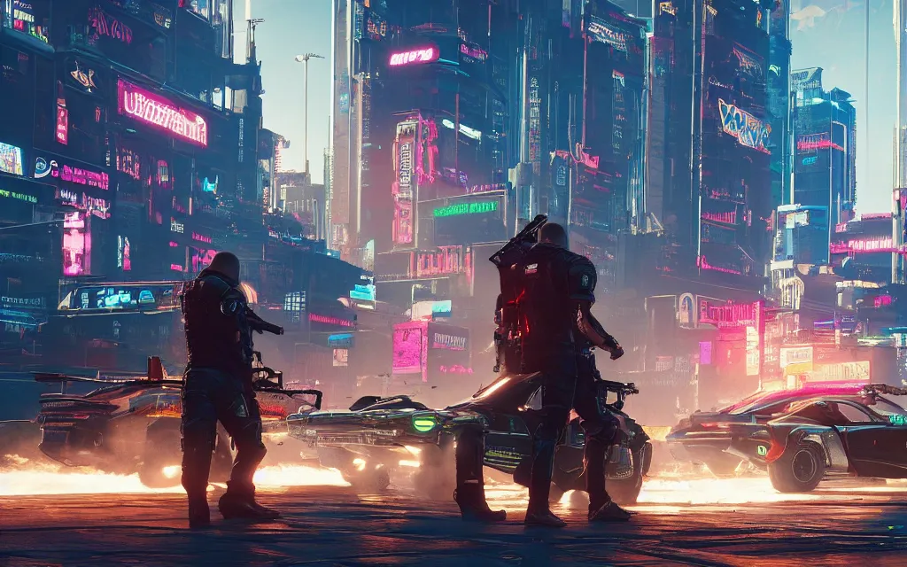 Image similar to Cyberpunk 2077 car Quadra Turbo-R V-Tech, driving down dusty city dystopian, long distance shot , by Mead, Syd