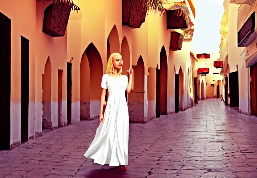 Image similar to a golden hair blond young lady in beautiful white dress in the city of marakesh cyber pank style, digital art