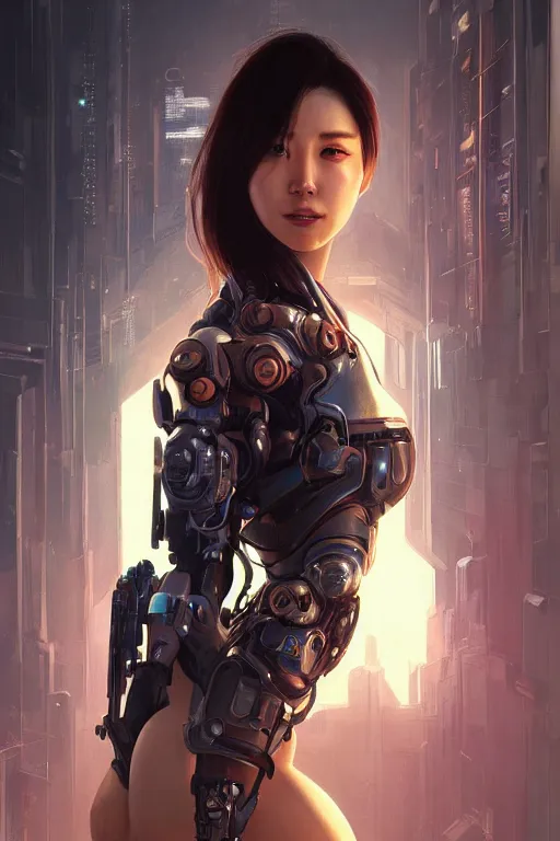 Image similar to Photorealistic illustration, Korean cyborg woman, cyberpunk 2077, sci-fi, futuristic, intricate, elegant, highly detailed, digital painting, artstation, concept art, smooth, sharp focus, art by artgerm, greg rutkowski and alphonse mucha