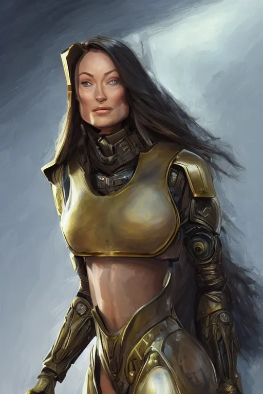 Image similar to a professional painting of a young Olivia Wilde, clothes in military armor, olive skin, long dark hair, beautiful bone structure, symmetrical facial features, intricate, elegant, digital painting, concept art, smooth, sharp focus, illustration, from StarCraft by Ruan Jia and Mandy Jurgens and Artgerm and William-Adolphe Bouguerea