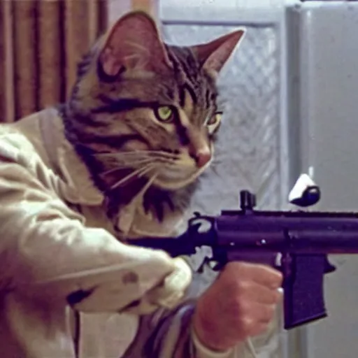 Image similar to a still of the cat shooting a m 6 0 machine gun from the buddy cop movie beverly hills cat 2