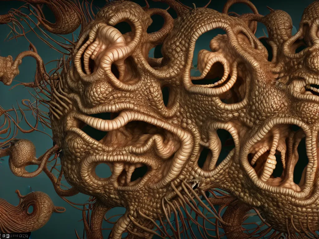 Image similar to human eating yourself ], neo surrealism, art by ernst haeckel and daniel martin diaz and mc escher, 8 k, unreal engine render