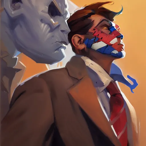 Image similar to Greg Manchess portrait painting of two face as Overwatch character, medium shot, asymmetrical, profile picture, Organic Painting, sunny day, Matte Painting, bold shapes, hard edges, street art, trending on artstation, by Huang Guangjian and Gil Elvgren and Sachin Teng