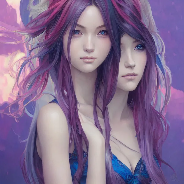 Prompt: portrait of beautiful symmetrical anime girl, rainbow hair, attractive, casual, modern, victoria's secret, highly detailed, digital painting, artstation, concept art, smooth, sharp focus, illustration, art by artgerm, greg rutkowski and alphonse mucha, 8 k,