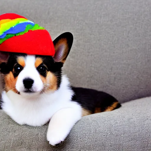 Image similar to 8k highly detailed photograph of the most adorable Corgi Puppy wearing a cute rainbow bowler hat, posing on my couch, golden hour,