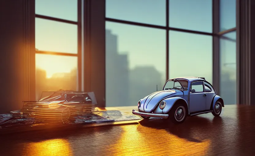 Image similar to a miniature of a VW Beetle on a bookshelf near a window at sunset, DOF, octane render, unreal engine 5, godrays, complementary colors, calm, symmetrical, highly detailed, high quality, 4k, beautiful, hyperrealistic