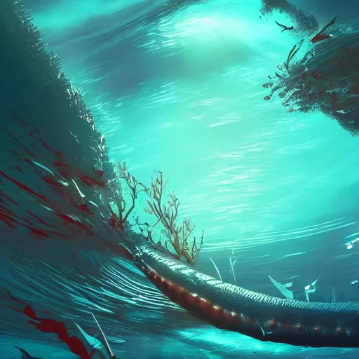 Image similar to underwater view of a strange alien world, some washed out red and green plant life, giant leviathan swimming far in the background, deep blue sea color, artstation