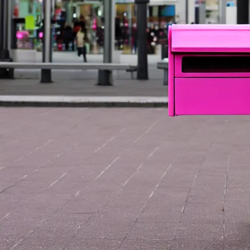 Image similar to a pink letter box with human legs running around in a shopping center