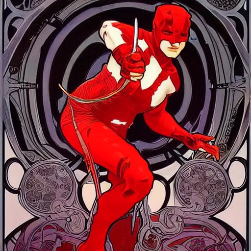 Prompt: daredevil costume designs, intricate, elegant, highly detailed, digital painting, smooth, sharp focus, illustration, art by alphonse mucha