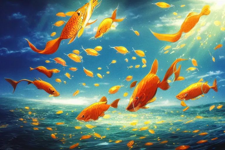 Image similar to portrait of goldfishes swarming the ocean. shadow and light. rays of light. energetic, dynamic, lively, detailed, intricate, complex. fine art by hayao miyazaki, akira toriyama, and makoto shinkai.