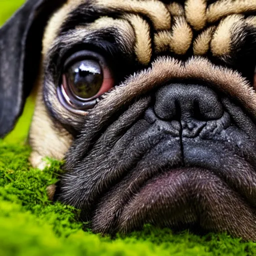 Image similar to closeup of a pug with moss growing out of its face folds, macro photography, overgrown pug, high resolution photo, trending on artstation