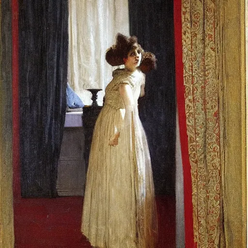 Image similar to a theatre actress waiting behind the curtain, by alfred stevens