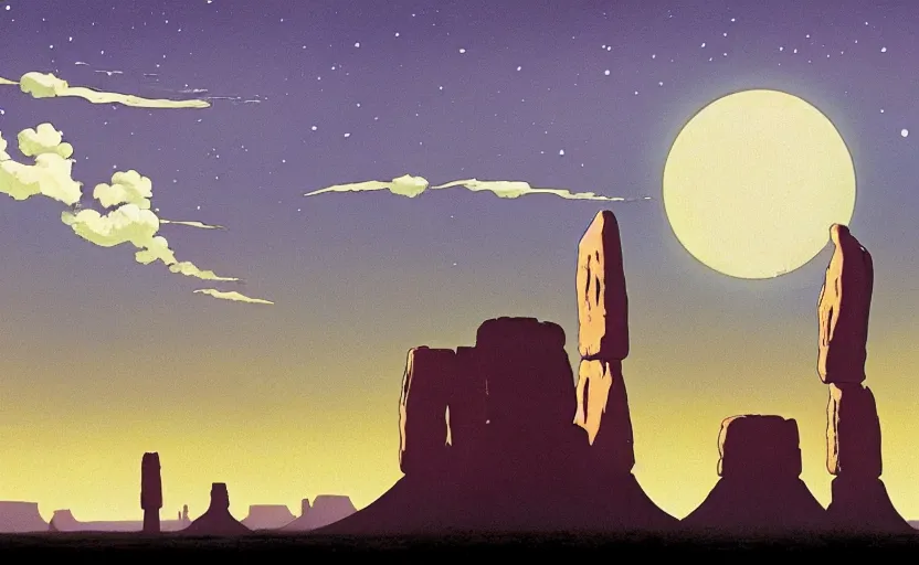 Prompt: a realistic cell - shaded studio ghibli concept art from paprika ( 2 0 0 6 ) of a flying multi - colored rocketship from close encounters of the third kind ( 1 9 7 7 ) in a flooded monument valley stonehenge jungle with giant trees on a misty starry night. a pack of camel are in the foreground. very dull colors, portal, hd, 4 k, hq