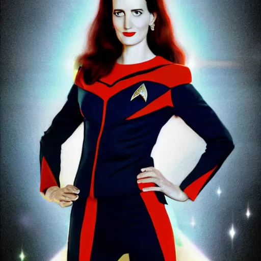 Image similar to a full body portrait of 3 0 year old eva green as a star fleet officer from star trek next generation, ultra rendered, extreme realism and detail, 8 k, highly detailed, realistic, completely framed, hyper realistic, colorful, direct lighting, 3 5 mm photo, photorealistic, sharp focus