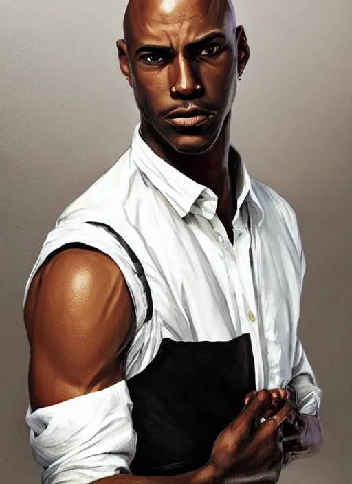 Prompt: portrait of handsome bald african american male, wearing a simple black vest and white shirt, centered, digital painting, artstation, concept art, smooth, sharp focus, illustration, art by artgerm and donato giancola and leyendecker