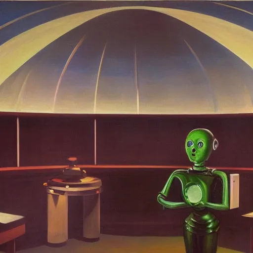 Image similar to robot being reanimated inside a dome - shaped control center, evil lair, grant wood, pj crook, edward hopper, oil on canvas