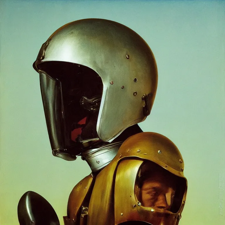 Image similar to portrait of a knight in a motorcycle helmet, fashion studio, lighting, 35mm , Edward Hopper and James Gilleard, Zdzislaw Beksinski, Steven Outram highly detailed