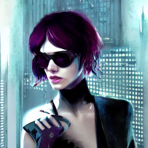 Prompt: molly millions, closeup portrait of a beautiful cyberpunk woman, assassin, sunglasses, shag haircut, megacity background, gorgeous view, film noir, promotional art, neuromancer, ghost in the shell, blade runner, dystopia, painted by seb mckinnon, painted by greg rutkowski, digital art, trending on artstation