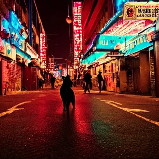 Prompt: A street cat walks through a bustling neon city at night, surreal, artistic, extremely detailed, movie still