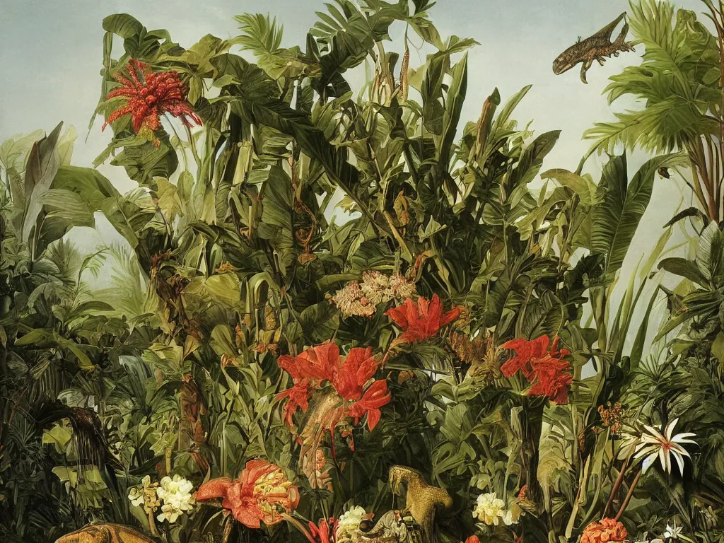 Prompt: tyrannosaurus rex, tropical plants in background, botanical, large exotic flowers, biology, painted by john audubon