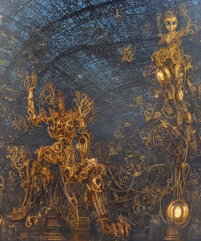 Image similar to a streeet view of wat rong khun temple by charlie bowater and art germ, rule of thirds, golden ratio, art nouveau! cyberpunk! style, mechanical accents!, mecha plate armor, glowing leds, flowing wires with leaves, art nouveau accents, art nouveau patterns and geometry, rich deep moody colors