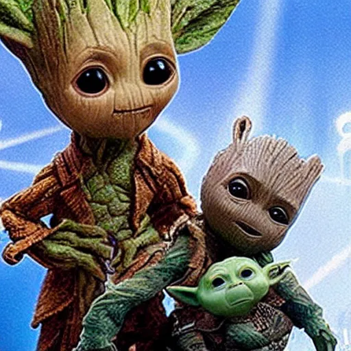 Prompt: baby groot and baby yoda having fun playing games, highly detailed