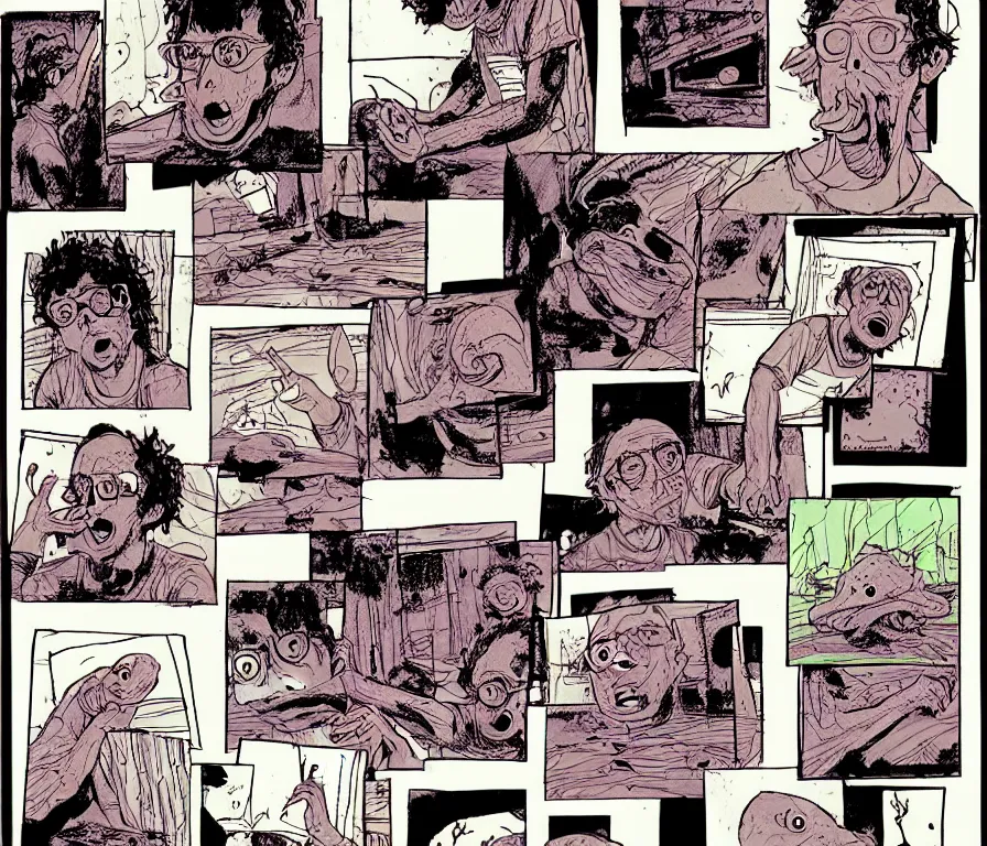 Image similar to character study of todd solondz tripping on mushrooms | vivid colors : storyboard, concept design, realistic. by gabriel hardman, joe alves, j. todd anderson, chris bonura. cinematic atmosphere, detailed and intricate, perfect anatomy