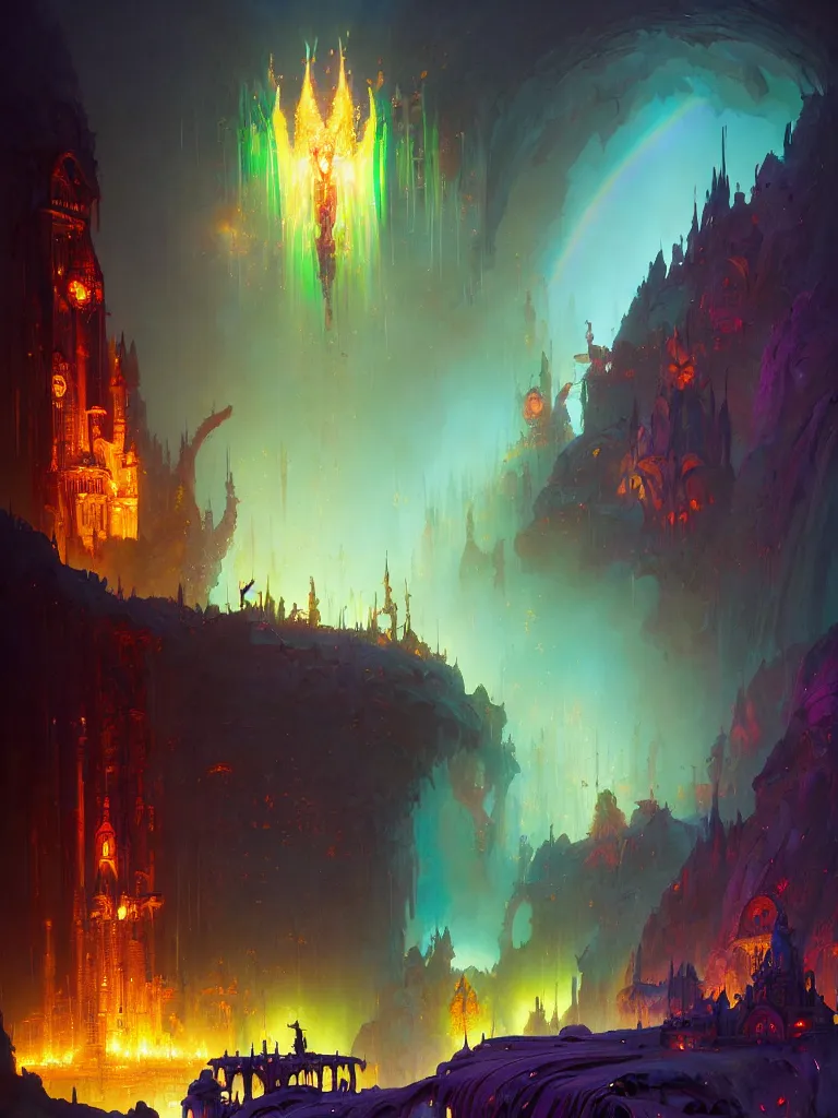 Image similar to epic fantasy painting of a sorcerer banishing the darkness and its evil servants with a rainbow spell in a grand hall, grimy, gritty, dieselpunk trending on artstation, award winning painting, cgi, art by john berkey and anton fadeev and john howe and simon stalenhag