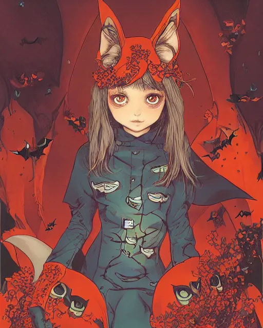 Image similar to a girl in a cute bat costume at a halloween party, full shot, focused, ambient lighting, detailed, art by ayami kojima, makoto shinkai, kilian eng