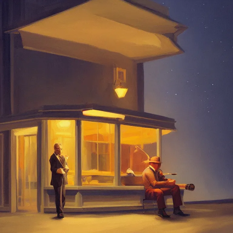 Image similar to a storybook illustration of anthony hopkins smoking at night, fireflies, quiet night scene painted by Edward Hopper masterpiece, intricate, elegant, fantasy, highly detailed, digital painting, concept art, sharp focus, artstation