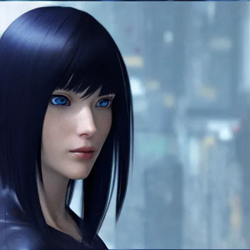 Image similar to « portrait, attractive, blue eyes, black hair, middle length hair, ghost in the shell, front view, unreal engine 5 »