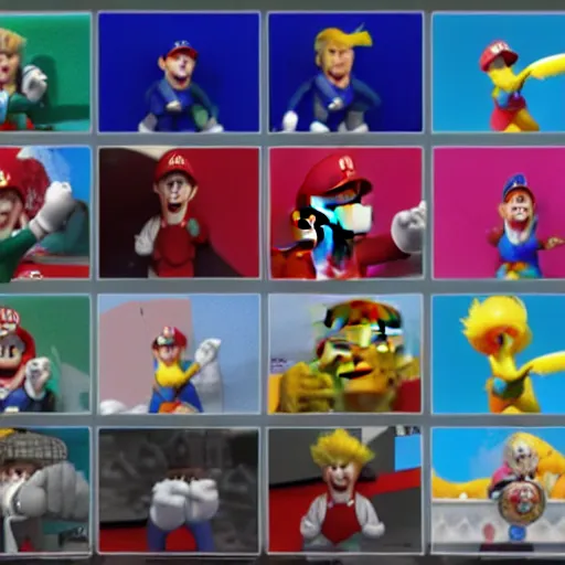 Image similar to epic wide show of donald trump fighting every mario character, directed by francis ford coppola