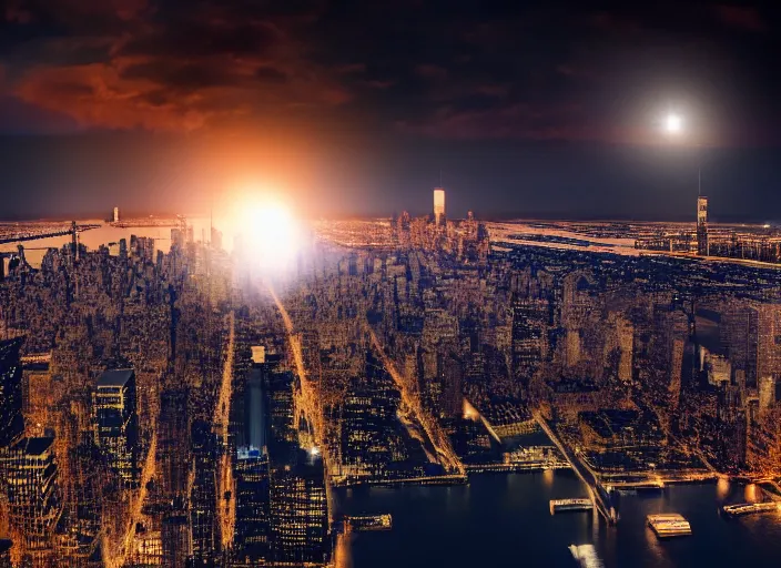 Image similar to film still of the moon shattering into pieces over manhatten in the new disaster movie, 8 k, night time