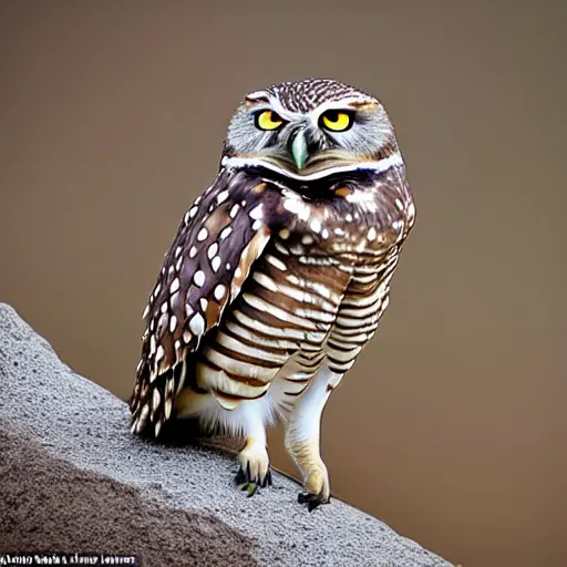 Prompt: he didn't sleep standing or perched, he slept in what could be described as a squat with his short stubby tail supporting him, and his legs splayed out to the sides, burrowing owl, owls, guardians of gahool