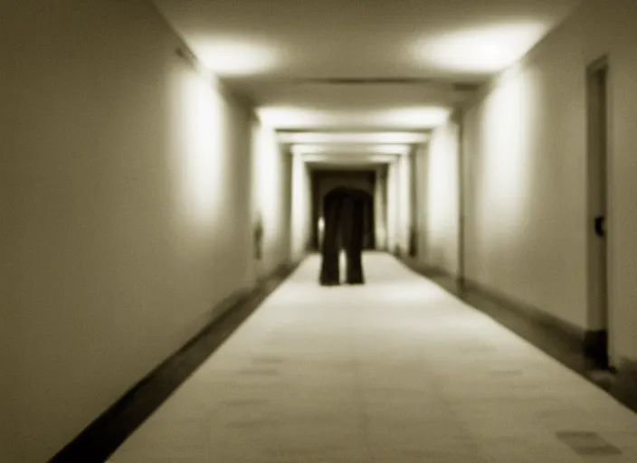 Image similar to Grainy photo of a long hallway in a hotel at night. A disfigured face peeks out of one of the rooms, horror movie still, dramatic lighting