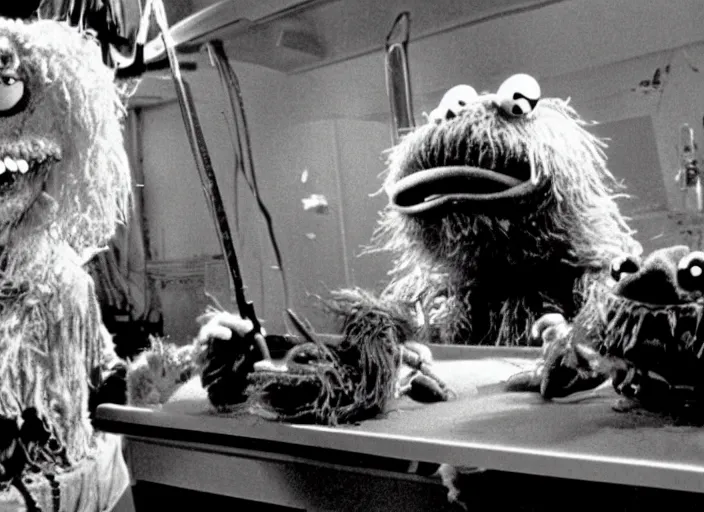 Prompt: scene from the 1 9 8 2 science fiction film muppet john carpenter ’ s the thing