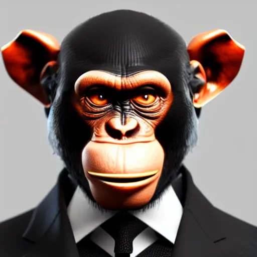 Image similar to a high detail shot of a chimp wearing a suit, smoking a cigar, render, cgsociety, photorealism