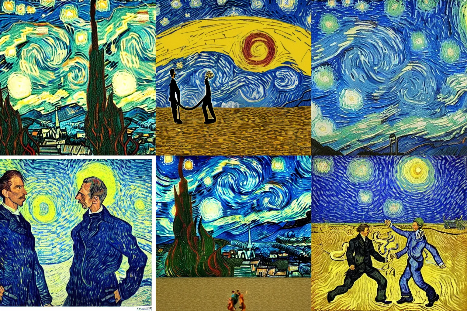 Prompt: erwin schroediger and nikola tesla fight each other in van gogh style