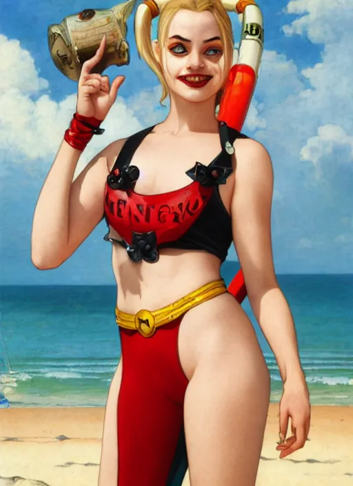 Image similar to portrait Harley Quinn as sea lifeguard on the beach, full length shot, shining, 8k highly detailed, sharp focus, illustration, art by artgerm, mucha, bouguereau