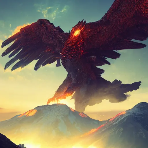 Image similar to giant fire eagle coming out of a vulcano, beautiful light, mountains, nature, fantasy book, d & d, high detail, 8 k, octane render painting, dark fantasy