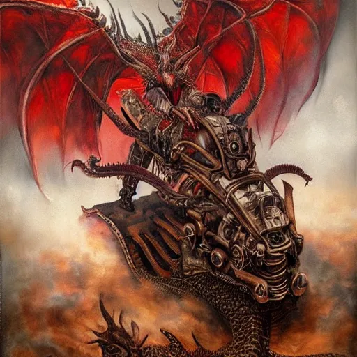 Image similar to a hyperrealistic portrait painting of a beautiful woman with demonic horns wearing steampunk goggles, riding on the back of a giant red dragon into hell, by santiago caruso, highly detailed,