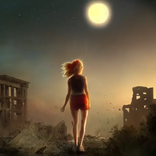 Prompt: A beautiful picture of a suicidal girl against the background of ruins of a destroyed city and a yellow -red moon, artstation, extremely detailed, stunning volumetric lighting, atmosphere, hyper realism