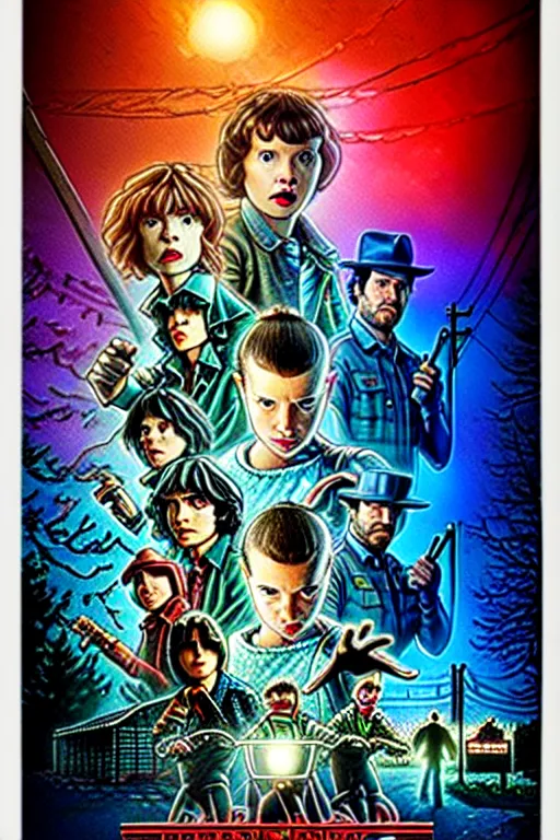 KREA - Stranger Things Season 5 Poster with cast of Futurama, high  resolution, hyper detailed, intricate, photorealistic, all cast members,  netfilx !n-9