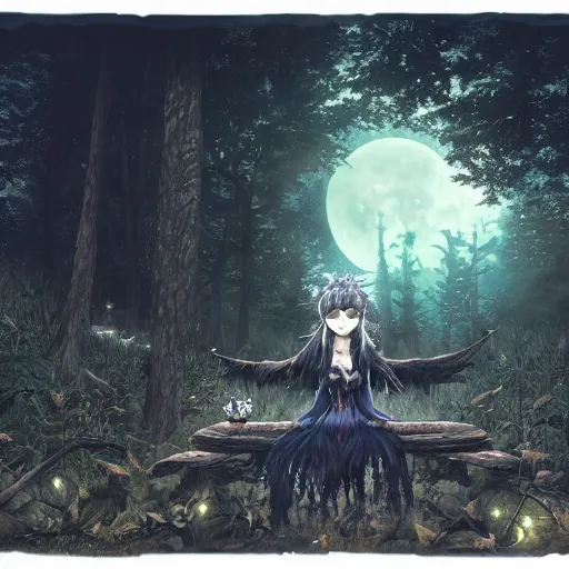 Image similar to goth woman in a moonlight view, in a forest, a river, tankoban, 4 k, tone mapping, akihiko yoshida, james jean andrei riabovitchev marc simonetti, yoshitaka amano, long hair, curly, h. hydrochaeri