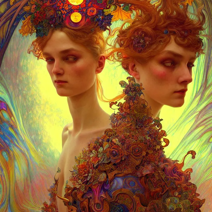 Image similar to extremely psychedelic warped LSD insanity, diffuse lighting, fantasy, intricate, elegant, highly detailed, lifelike, photorealistic, digital painting, artstation, illustration, concept art, smooth, sharp focus, art by John Collier and Albert Aublet and Krenz Cushart and Artem Demura and Alphonse Mucha