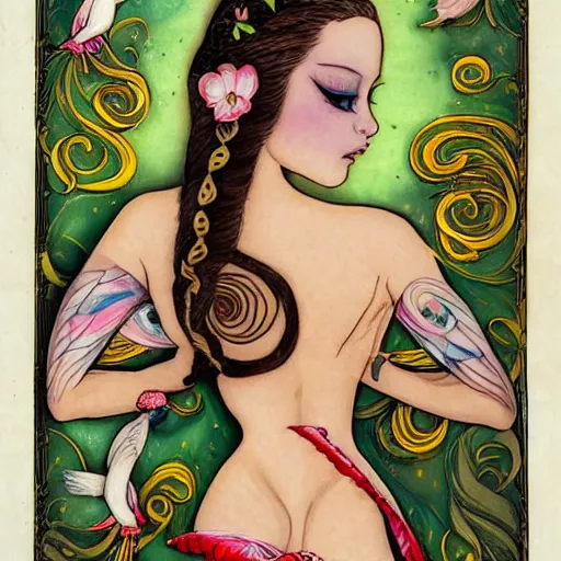 Image similar to soft by jasmine becket - griffith, by nacho carbonell illuminated manuscript, illuminated manuscript. body art. a woman is shown from behind, her body slightly blurred as if in motion. her long hair cascades down her back, & she is holding a small bird in her hand.